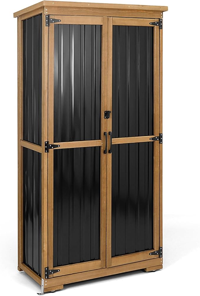 PetsCosset Outdoor Storage Cabinet, Wood & Metal Storage Shed with Weather-Resistant Roof, Removable Shelves, Lockable Doors, Outside Storage Tool Organizer for Garden, Patio, Backyard, Garage, Pool by PETSCOSSET