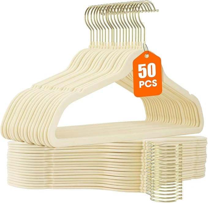 50 Pack Beige Velvet Hangers, Non Slip, Heavy-Duty, Space Saving, by Uinicor