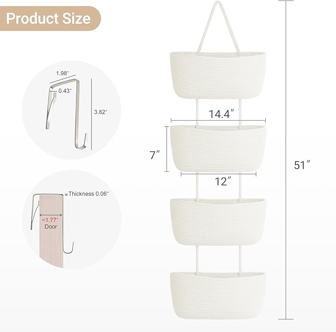 Dahey Over The Door Hanging Basket 4-Tier Woven Boho Wall Mounted Storage - Image 4