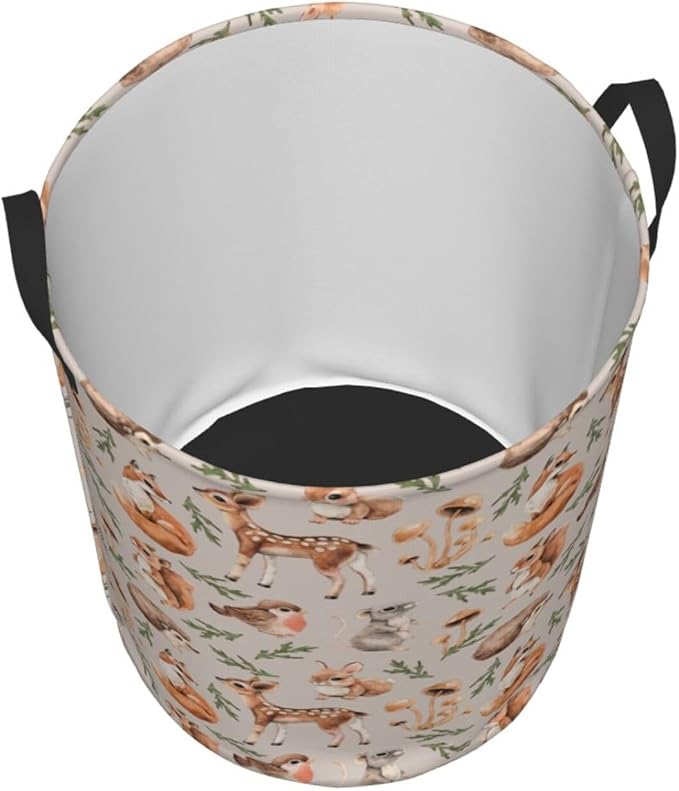 Forest Little Animal Laundry Hamper Bag, Deer Squirrel Hedgehog Fox Round - Image 2