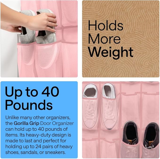 GORILLA GRIP Over the Door Shoe Organizer, 24 Large Breathable Mesh Pockets - Image 3