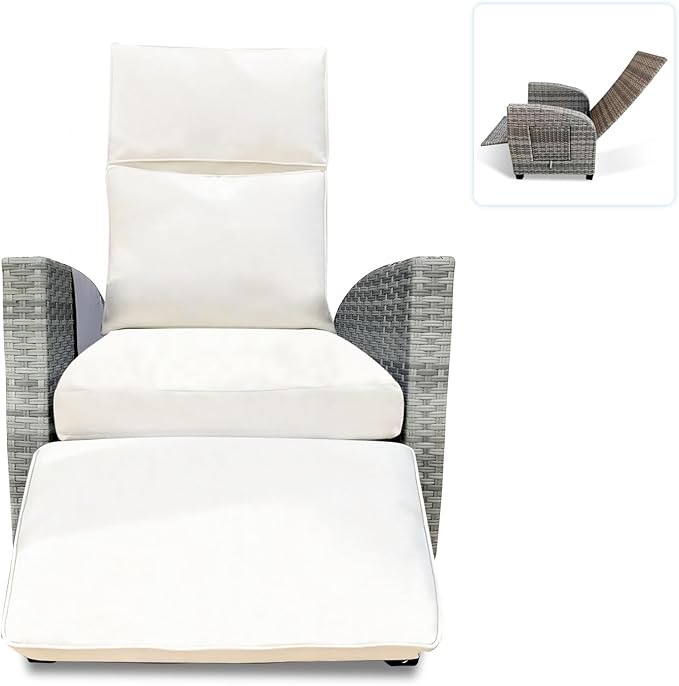 Outdoor Wicker Recliner Chair, 145° Patio Lounge Chair with 4" Cushion, Adjustable Backrest & Footrest, Flip-up Table & Side Pocket for Backyard, Deck, Balcony, Terrace, Poolside - Image 8