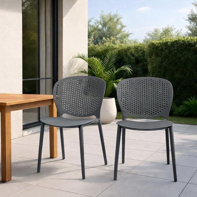 2xhome Set of 4 Patio Dining Chairs | Modern Stackable Outdoor Pool Side Chair | Weather Resistant Plastic for Yard, Porch, Balcony, Kitchen, Gray - Image 2