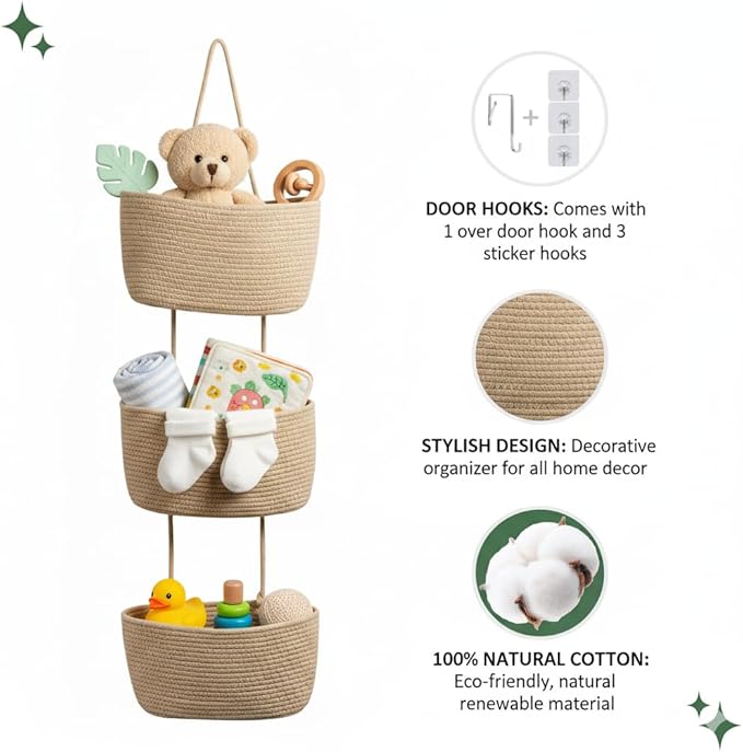 Over the Door Organizer, 3-Tier Hanging Storage Basket - Image 4