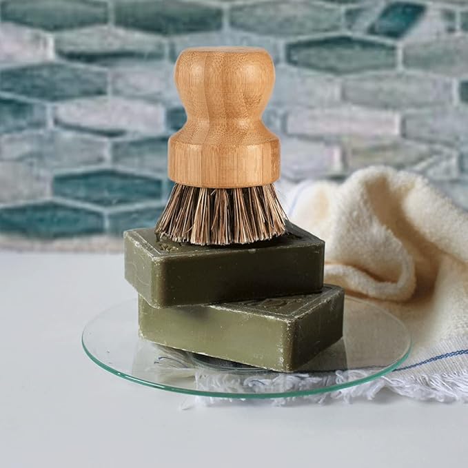 Bamboo Dish Brush with Ceramic Dish, Natural Bristle Palm Brush Pot Scrubber - Image 5