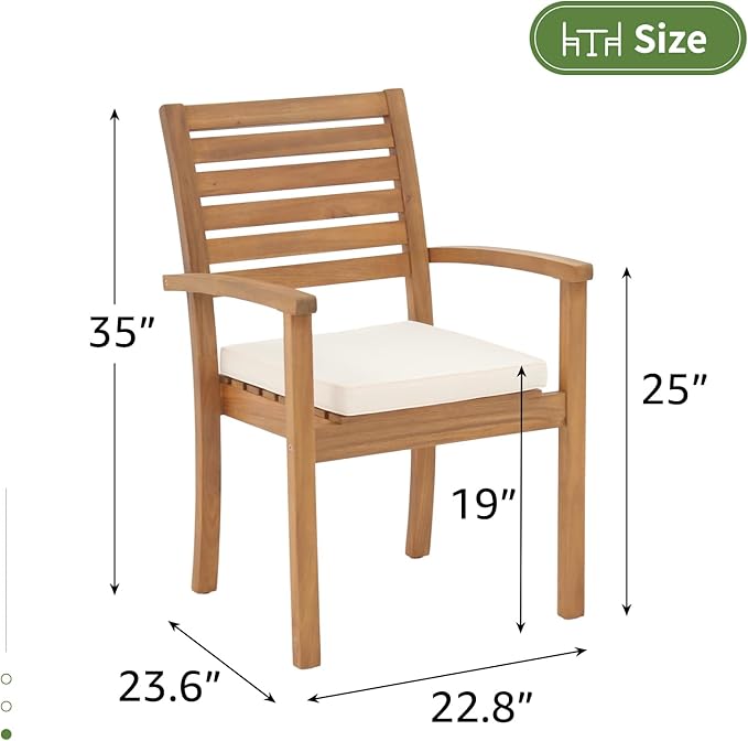 OC Orange-Casual Stackable Patio Dining Chairs Set of 6, Outdoor Acacia Wooden Chairs w/Armrest & Removeable Fabric Cushion, for Porch, Backyard, Garden, Indoor, Beige - Image 3