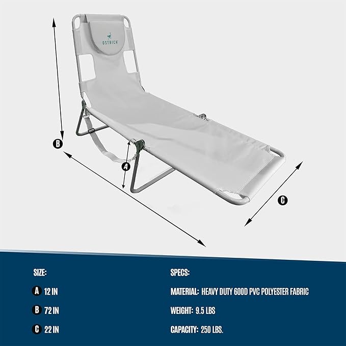 Ostrich 72 by 22 Inch Versatile Chaise Lounge Portable Reclining Lounger, Outdoor Patio, Beach, Lawn, Camping, or Pool Tanning Chair, White - Image 3