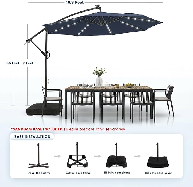 wikiwiki 10ft Solar LED Patio Umbrella with Base Included, Offset Umbrella with Weighted Sandbag Base, Cantilever Patio Umbrella for Backyard, Garden & Deck, 32 LED Lights & Polyester Shade, Navy Blue - Image 5