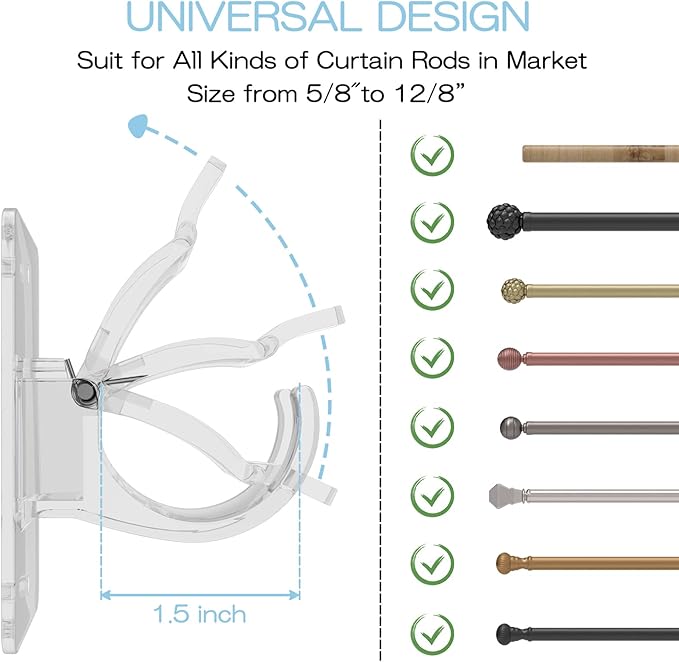 8PCS No Drill Curtain Rod Brackets, Self-Adhesive, Plastic & Stainless Steel - Image 2