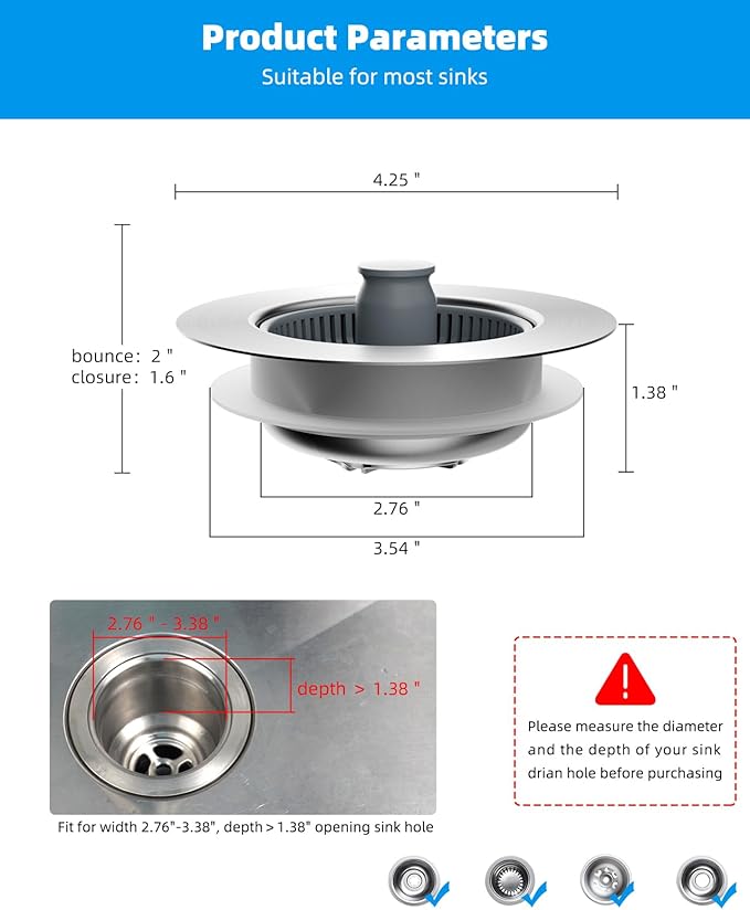 Hibbent Upgraded 3 in 1 Kitchen Sink Drain Strainer and Stopper Combo, - Image 7