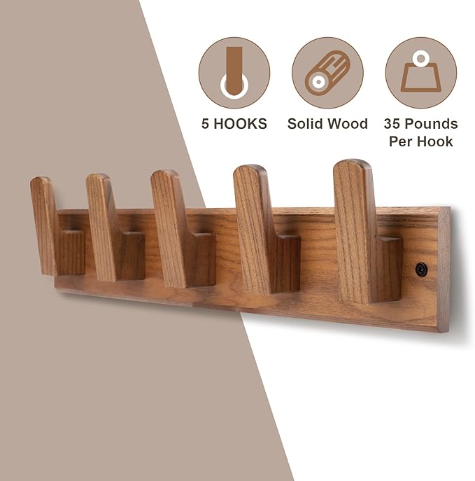 Wood Coat Rack Wall Mount with 5 Hooks, Natural Wall Coat Hook - Image 4