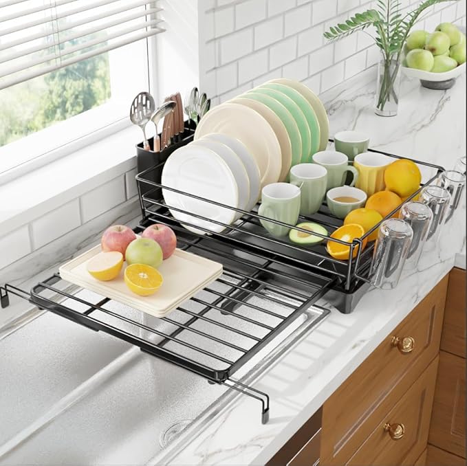 Expandable Dish Drying Rack for Kitchen Counter, Large Capacity Dish Drainer by Ekisemio