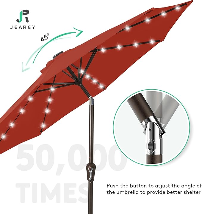 JEAREY 9FT Outdoor Patio Umbrella with Solar Lights, LED Lighted Pool Umbrella with Tilt and Crank, Outdoor Table Umbrellas for Deck, Yard & Market (Red) - Image 7