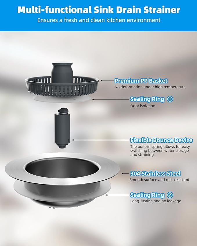 Hibbent Upgraded 3 in 1 Kitchen Sink Drain Strainer and Stopper Combo, - Image 6