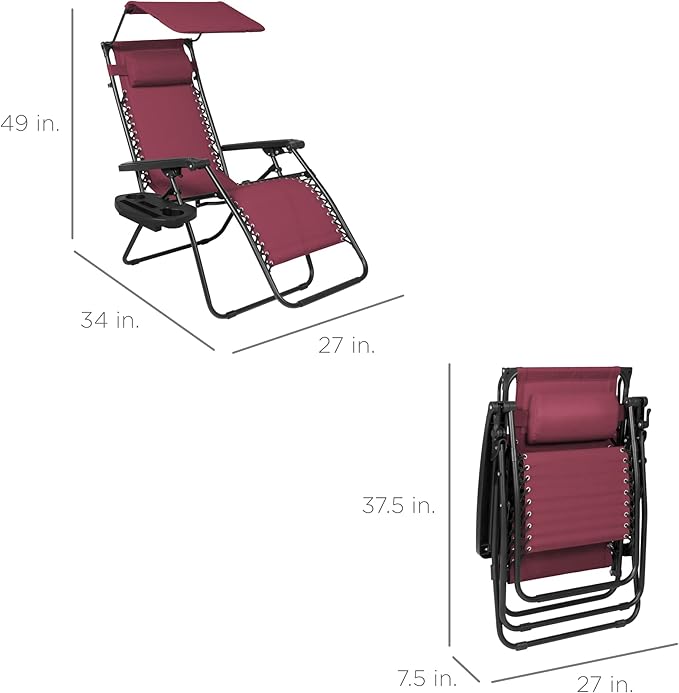 Best Choice Products Folding Zero Gravity Outdoor Recliner Patio Lounge Chair w/Adjustable Canopy Shade, Headrest, Side Accessory Tray, Textilene Mesh - Burgundy - Image 3