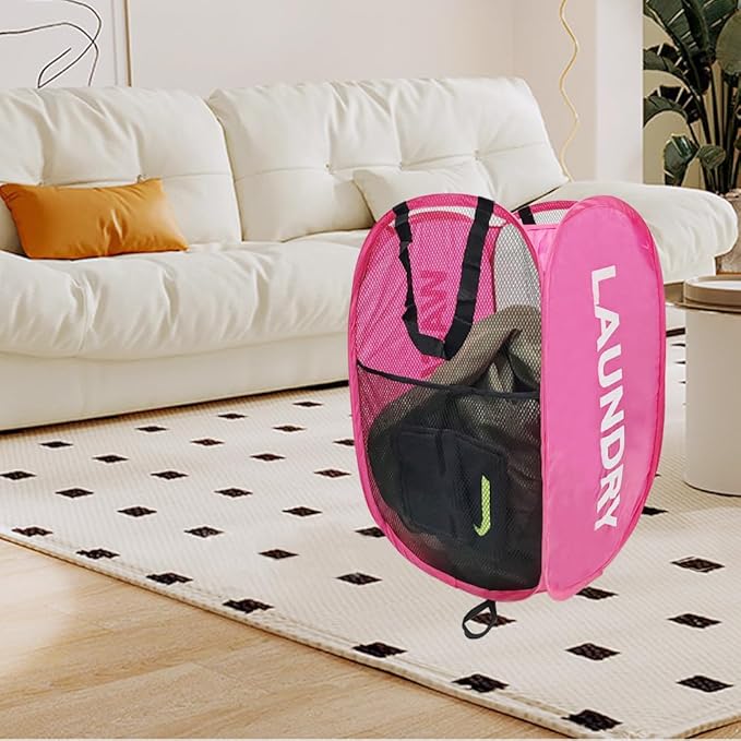 Pop Up Laundry Hamper Collapsible Laundry Basket Mesh Foldable Pink Dirty - Image 4