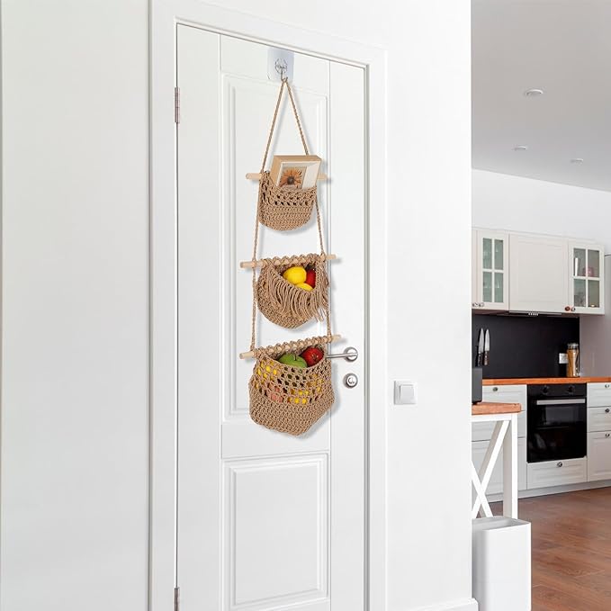 3 Tier Hanging Fruit Basket, Wall Hanging Vegetable Fruit Baskets Cotton Woven - Image 6