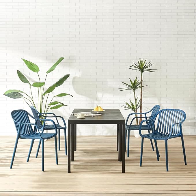 Modern Stackable Outdoor & Indoor Plastic Dining Chairs Set, Armchairs Set, Weather-Resistant, Ideal for Patios, Cafes, and Home Use, Set of 4 (Blue) - Image 4