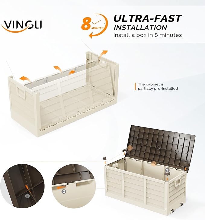 VINGLI 75 Gallon Collapsible Outdoor Storage Box, Simple-to-assemble Plastic Storage Containers with Lid, Patio Deck Box Furniture for Garden, Pool, Balcony, Yard (Coffee) - Image 2