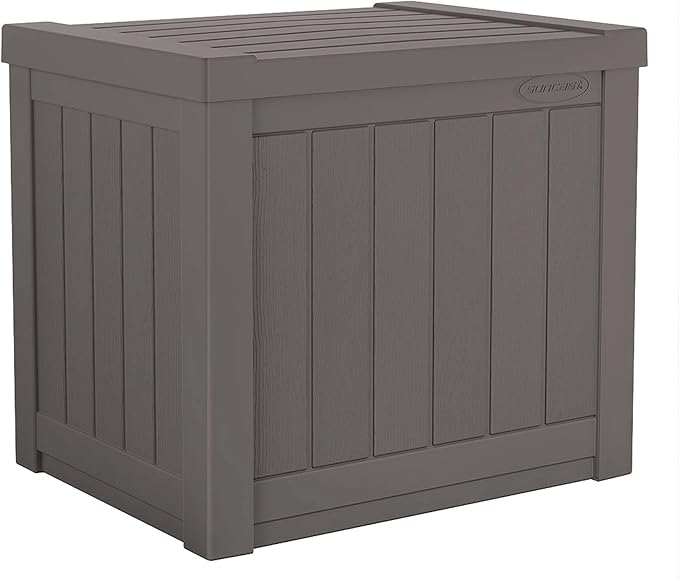 Suncast 22-Gallon Small Deck Box - Lightweight Resin Indoor/Outdoor Storage Container and Seat for Patio Cushions and Gardening Tools - Store Items on Patio, Garage, Yard - Stone Gray, Made in the USA by Suncast