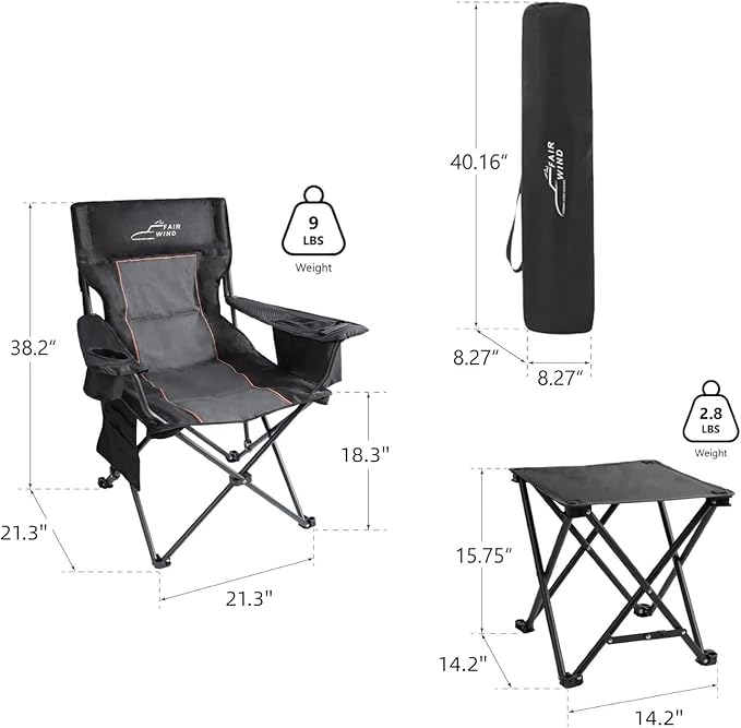 FAIR WIND Oversized Padded Camping Chair with Footrest Stool Set Heavy Duty Support 300 LBS Cooler Bag Chair - Black - Image 3