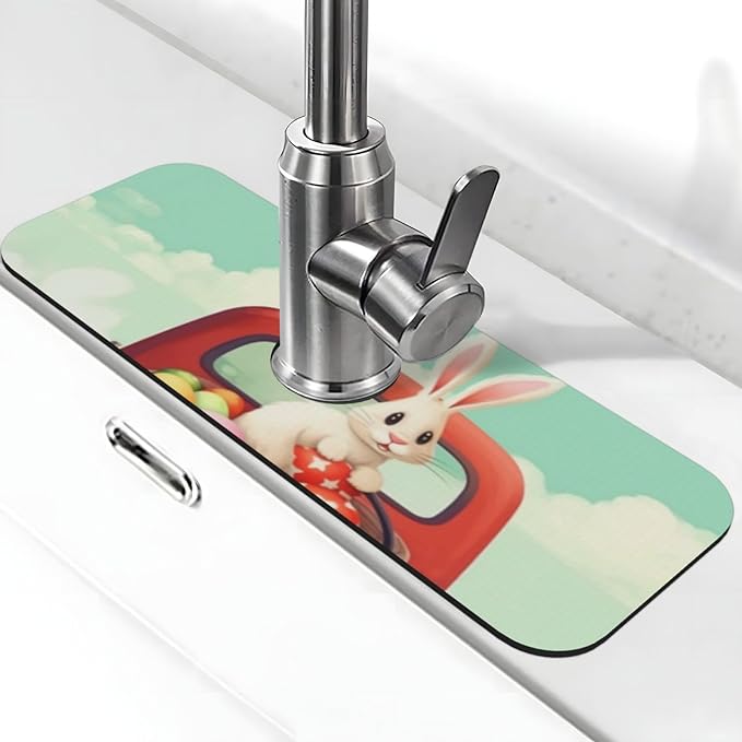 Kitchen Sink Splash Guard Faucet Mat Easter Bunny Rabbits 15"x5.5", Diatom Mat by Nameapo