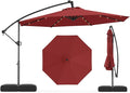 Tangkula 10ft Solar LED Patio Umbrella with Base, Offset Cantilever Outdoor Umbrella with 32 LED Lights, Infinite Tilt, 360 Degree Rotation, Crank Handle for Pool Deck Garden Backyard (Wine) by TANGKULA