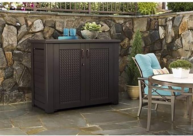 Rubbermaid Decorative Outdoor Storage Cabinet (123 Gal), Weather Resistant, Brown, Organization for Home/Backyard/Pool Chemicals/Toys/Garden Tools/Porch/Patio Cushions - Image 2