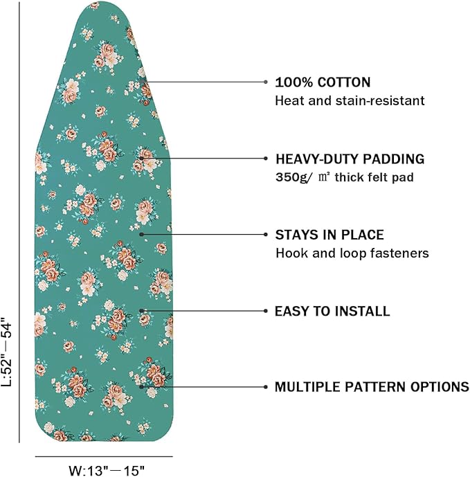 Ironing Board Cover and Pad Standard Size 15" x 54", 3 Pairs of Hook and Loop - Image 2