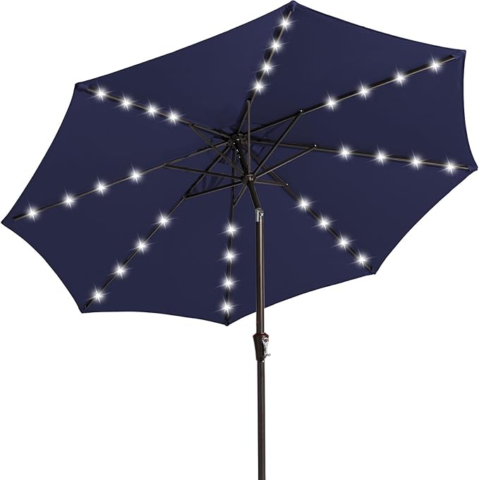 JEAREY 9FT Outdoor Patio Umbrella with Solar Lights, LED Lighted Pool Umbrella with Tilt and Crank, Outdoor Table Umbrellas for Deck, Yard & Market (9ft, Navy Blue) by JEAREYOutdoorsCollection