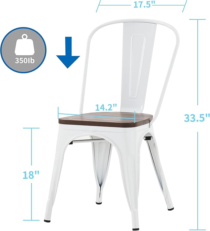 Nazhura Metal Dining Chair Farmhouse Tolix Style for Kitchen Dining Room Café Restaurant Bistro Patio, 18 Inch, Stackable, Waterproof Indoor/Outdoor (Sets of 4) (White with Wood Padding) - Image 3