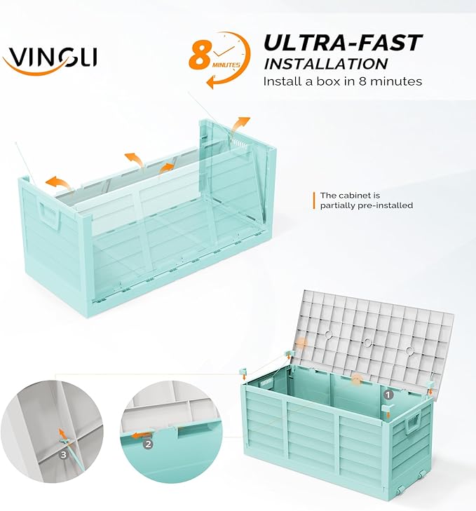 VINGLI 75 Gallon Collapsible Outdoor Storage Box, Simple-to-assemble Plastic Storage Containers with Lid, Patio Deck Box Furniture for Garden, Pool, Balcony, Yard (Green) - Image 2