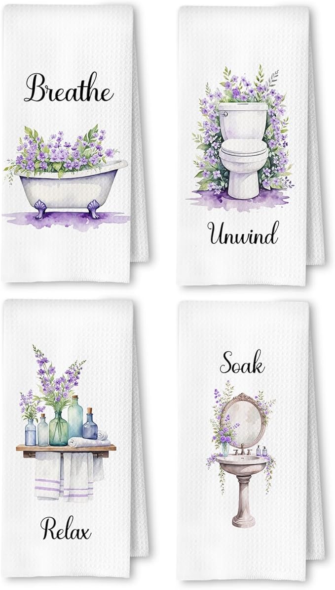 Farmhouse Purple Botanical Bathroom Hand Towels, Relax Breathe Soak Unwind by Unknown