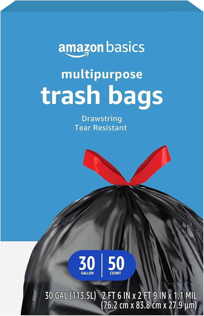 Amazon Basics Multipurpose Drawstring Trash Bags, 30 Gallon Capacity, Tear by AmazonBasics