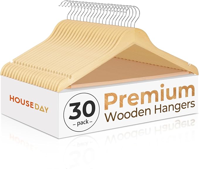 HOUSE DAY Premium Wooden Coat Hangers 30 Pack, Heavy Duty Solid Wood Clothes by HOUSEDAY