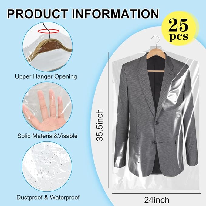 BEISHIDA 25PCS 35.5 Inch Plastic Garment Bag-Plastic Clear Dry Cleaner Laundry - Image 2