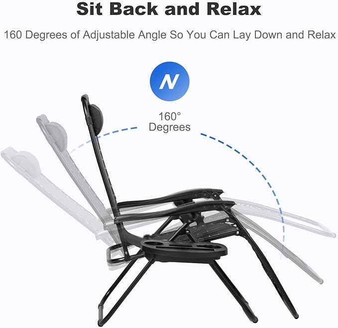 Nazhura Set of 2 Relaxing Recliners Patio Chairs Adjustable Steel Mesh Zero Gravity Lounge Chair Beach Chairs with Pillow and Cup Holder Black - Image 4