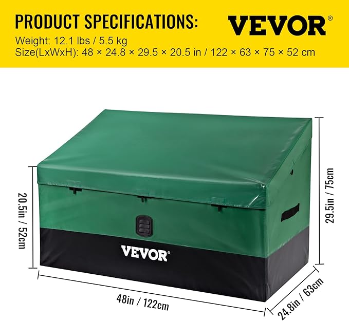VEVOR Outdoor Storage Box, 100 Gallon Waterproof PE Tarpaulin Deck Box w/Galvanized Frame, All-Weather Protection & Portable, for Camping, Garden, Poolside, and Yard, Black & Green - Image 7