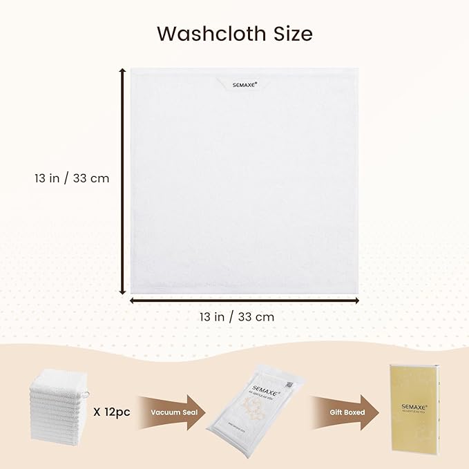SEMAXE 100% Cotton Washcloths 12-Pack, 13 × 13 Inch Soft Luxury Face Towels – - Image 2