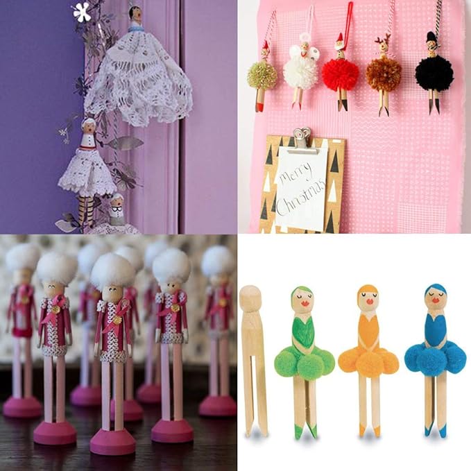 Winlyn 50 Sets Unfinished Wood Doll Pins Doll Clothespins Wooden Round Peg Wood - Image 6