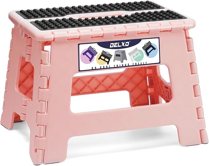 Delxo Folding Step Stool 9 Inch,Non-Slip Foldable Stools for Kids & Adults Up to 300 LBS,Kitchen Collapsible Fold Up Stepping Stool with Dotted 1 Pack,Pink by Delxo