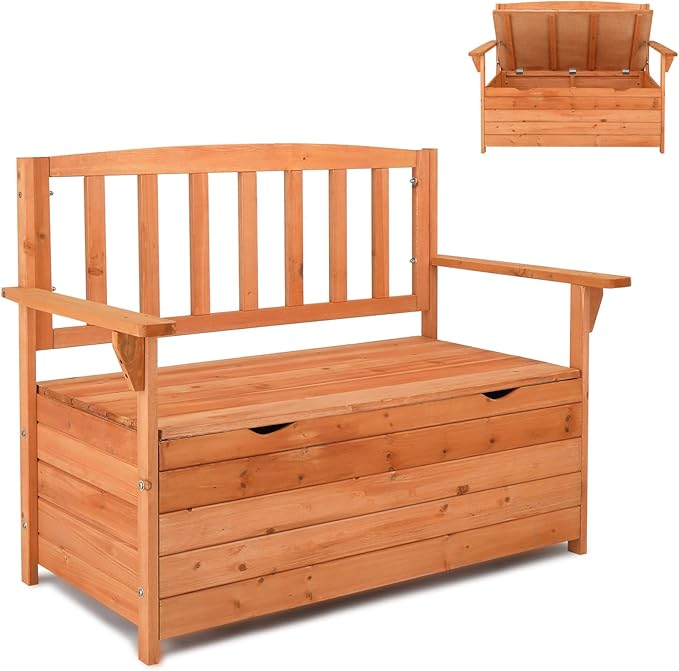 Outvita Outdoor Wood Storage Bench, Wooden Large Deck Box with Seating & Armrest, Waterproof Patio Organizer Loveseat for Garden Porch Deck Backyard Poolside, Natural by Outvita
