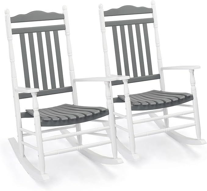 VINGLI Wooden Rocking Chair, Outdoor Chair with 450 lbs Support, Relaxing Rocker with Solid Wood High Back Seat Reclining Seat for Deck, Garden, Backyard, Porch (White & Grey, 2PCS) by VINGLI