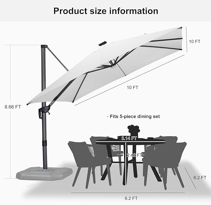 PURPLE LEAF 10 Feet Patio Umbrella with Base Outdoor Cantilever Solar Powered LED Square Umbrella Aluminum Offset Umbrella with 360-degree Rotation for Garden Deck Pool Patio White - Image 9