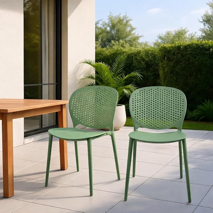 2xhome Set of 4 Patio Dining Chairs | Modern Stackable Outdoor Pool Side Chair | Weather Resistant Plastic for Yard, Porch, Balcony, Kitchen, Green - Image 2