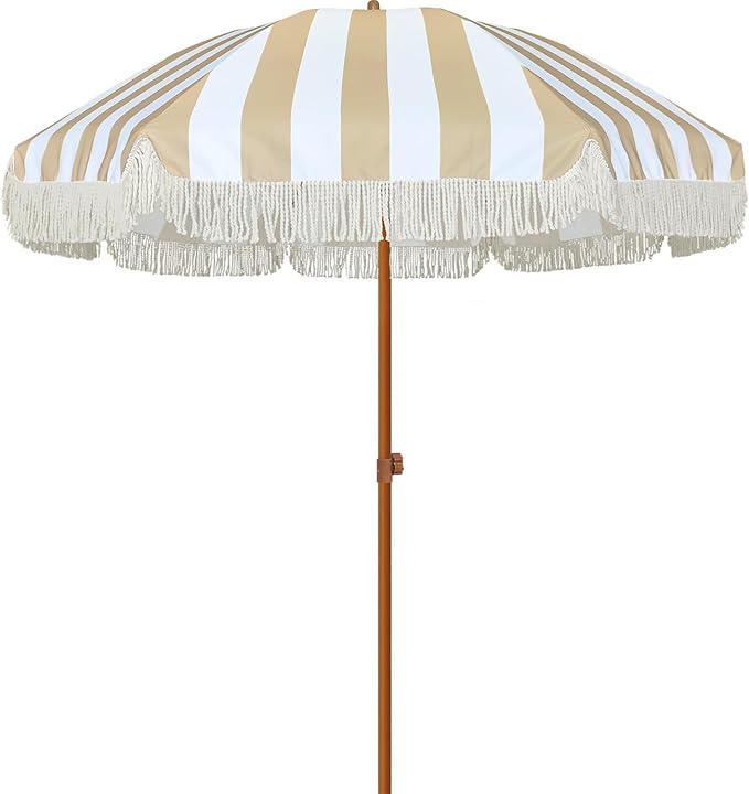 AMMSUN 7ft Patio Umbrella with Fringe Outdoor Tassel Umbrella UPF50+ Premium Steel Pole and Ribs Push Button Tilt, Stripe Beige by AMMSUN