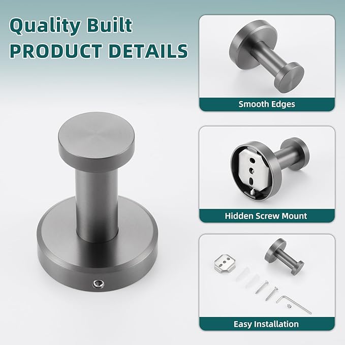 APLusee Gunmetal Gray Single Robe Hook, 304 Stainless Steel Heavy Duty Towel - Image 8