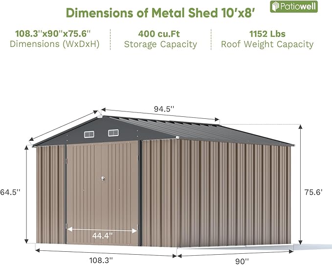 Patiowell 10 x 8 FT Outdoor Storage Shed, Large Garden Tool Metal Shed with Sloping Roof and Double Lockable Door, Outdoor Shed for Backyard Garden Patio Lawn, Brown - Image 6