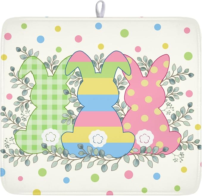 Easter Bunny Dish Drying Mat for Kitchen Counter Cute Rabbit Colorful Polka by Kawani