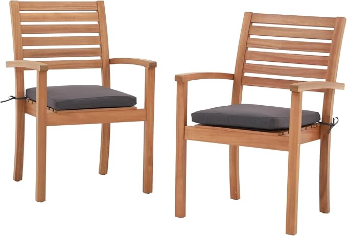 OC Orange-Casual Stackable Patio Dining Chairs Set of 2, Outdoor Acacia Wooden Chairs w/Armrest & Removeable Fabric Cushion, for Porch, Backyard, Garden, Indoor, Dark Grey by OCOrange-Casual